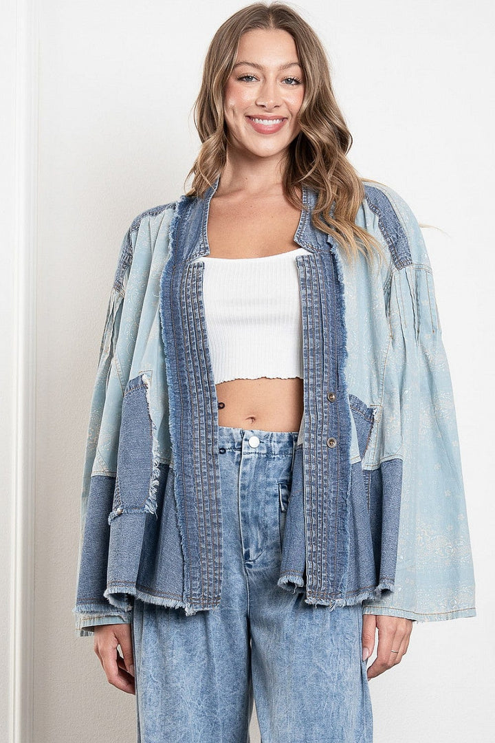 Oversized Fit Washed Denim Kimono Style Jacket with Button Closures and Front Pockets