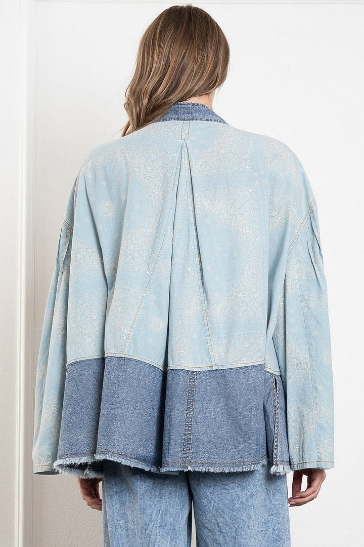 Oversized Fit Washed Denim Kimono Style Jacket with Button Closures and Front Pockets