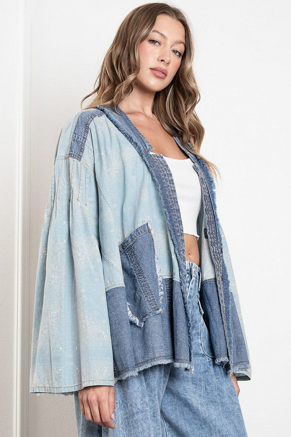 Oversized Fit Washed Denim Kimono Style Jacket with Button Closures and Front Pockets