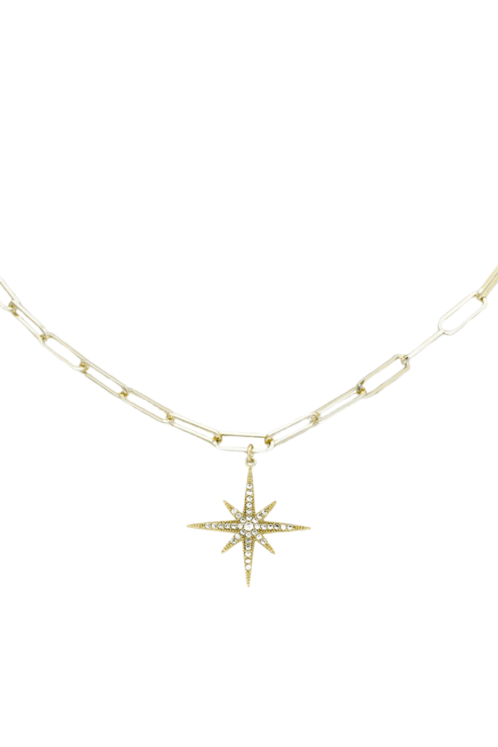 Paperclip Chain Necklace with CZ Studded Star Charm Centerpiece