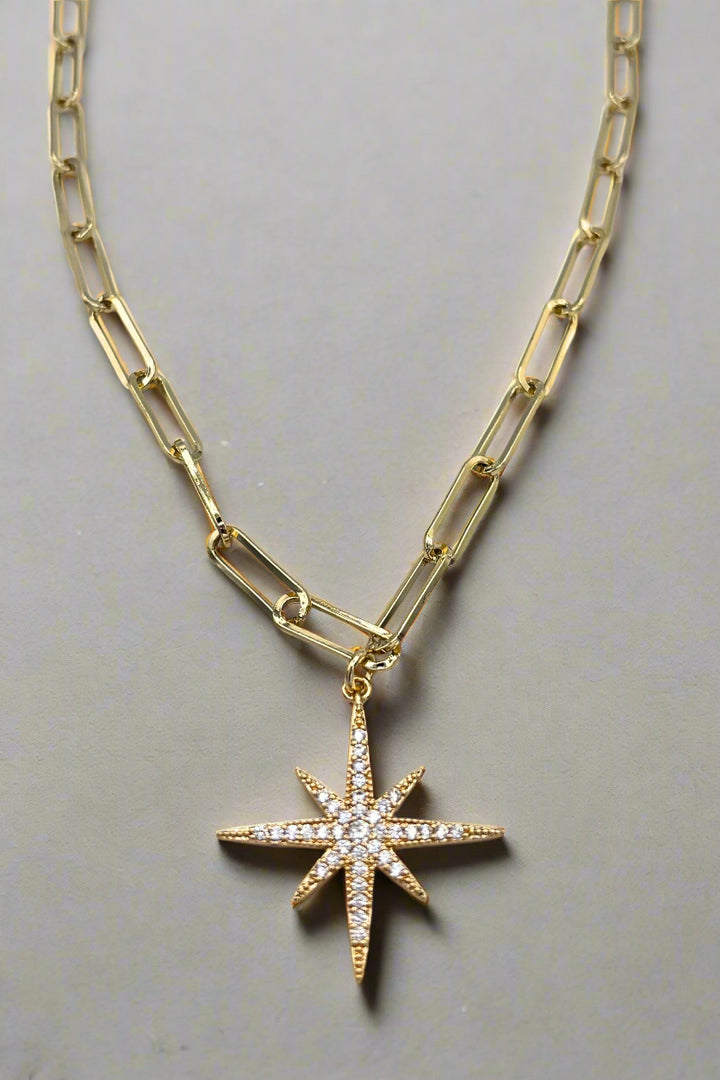 Paperclip Chain Necklace with CZ Studded Star Charm Centerpiece