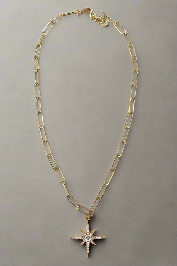 Paperclip Chain Necklace with CZ Studded Star Charm Centerpiece