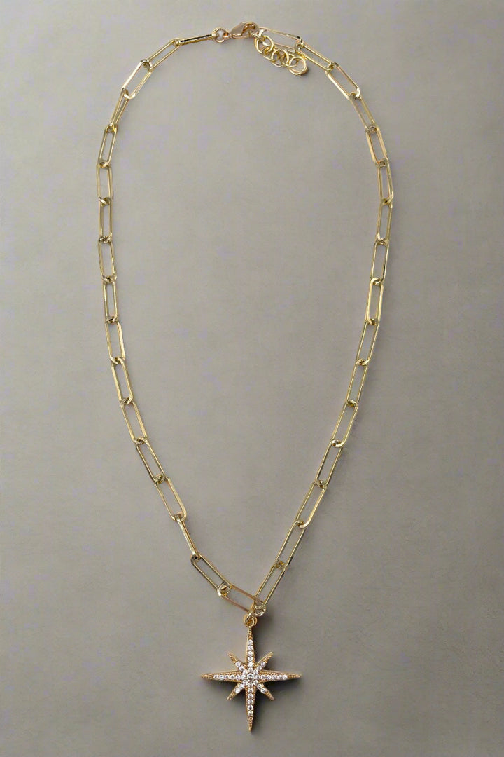 Paperclip Chain Necklace with CZ Studded Star Charm Centerpiece