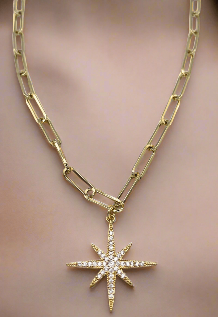 Paperclip Chain Necklace with CZ Studded Star Charm Centerpiece