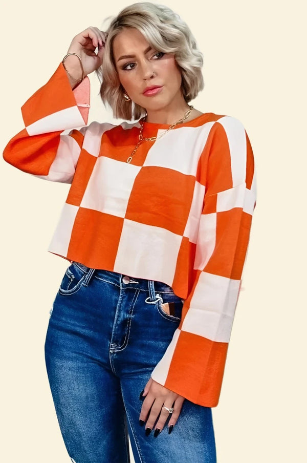 Papermoon Sarah Round Neck Checkered Long-Sleeve Top
