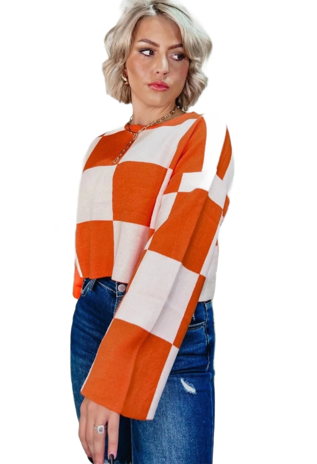 Papermoon Sarah Round Neck Checkered Long-Sleeve Top
