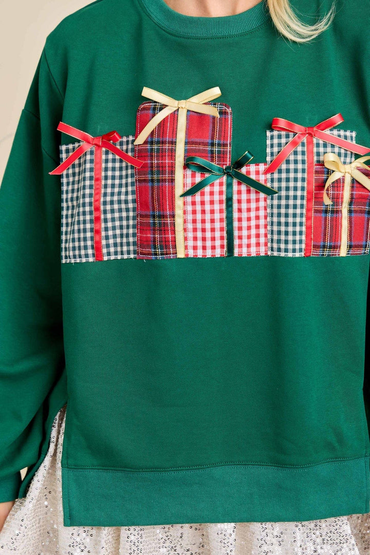 Patchwork Christmas Gift Box Split Seam Sweatshirt