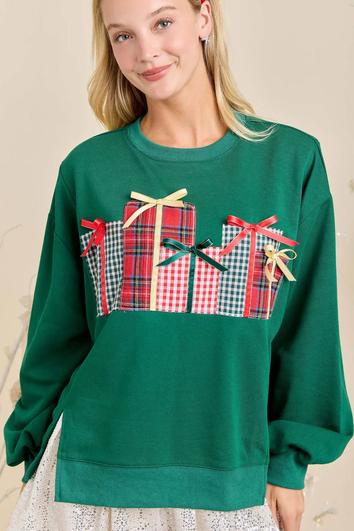 Patchwork Christmas Gift Box Split Seam Sweatshirt