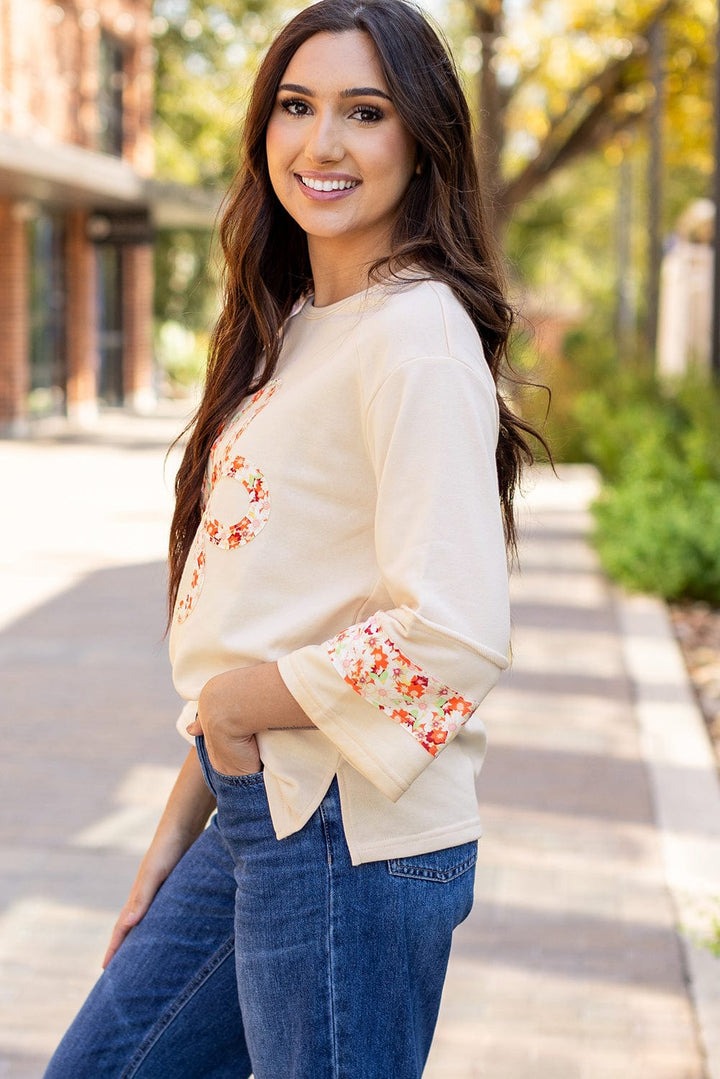 Patchwork Front Daisy Flower Exposed Seam Wide 3/4 Length Sleeves