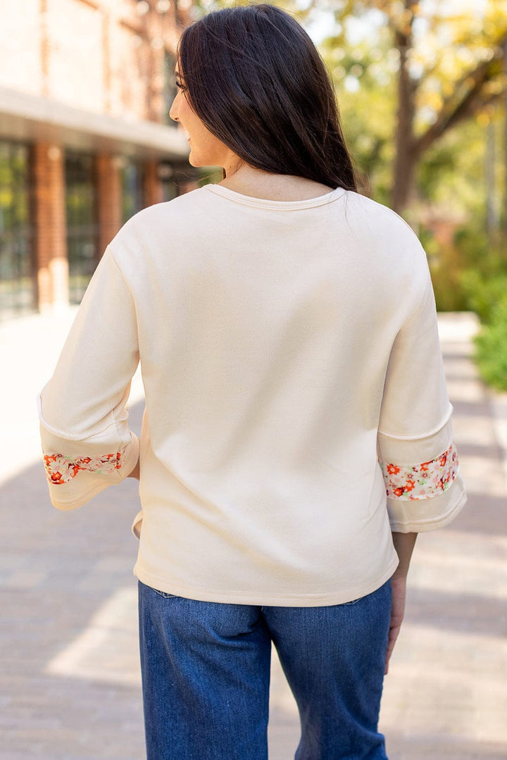 Patchwork Front Daisy Flower Exposed Seam Wide 3/4 Length Sleeves