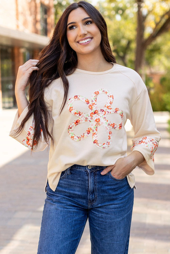 Patchwork Front Daisy Flower Exposed Seam Wide 3/4 Length Sleeves