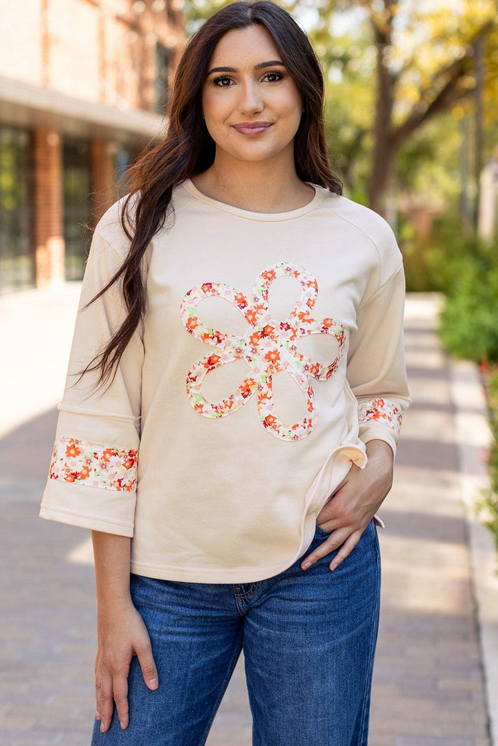 Patchwork Front Daisy Flower Exposed Seam Wide 3/4 Length Sleeves