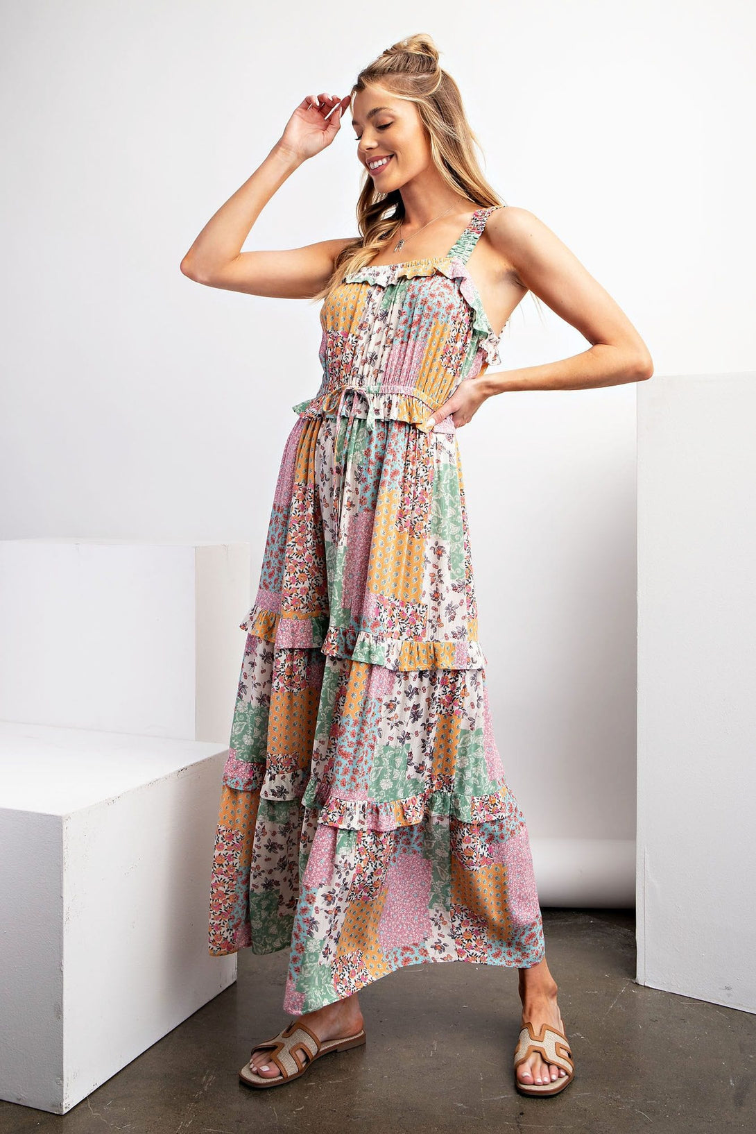Patchworks Printed Rayon Gauze Ruffled Hem Detailing Tiered Maxi Dress