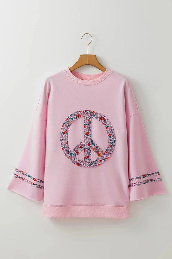 Peace Sign Floral Print Patchwork Graphic Front Drop Shoulder Wide Sleeve Casual Top