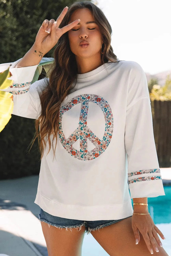 Peace Sign Floral Print Patchwork Graphic Front Drop Shoulder Wide Sleeve Casual Top