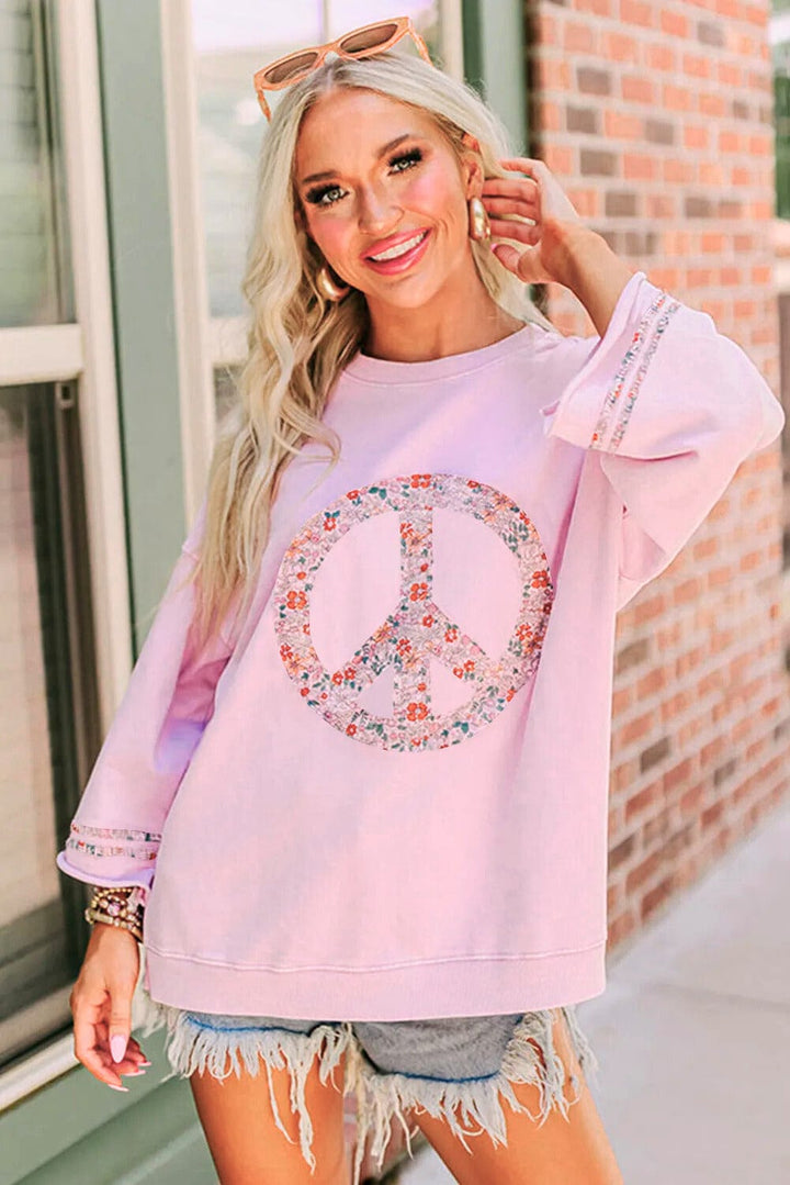 Peace Sign Floral Print Patchwork Graphic Front Drop Shoulder Wide Sleeve Casual Top