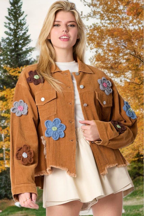 Peach Love Corduroy Frayed Hem Puffy Flower Detail Collared Jacket