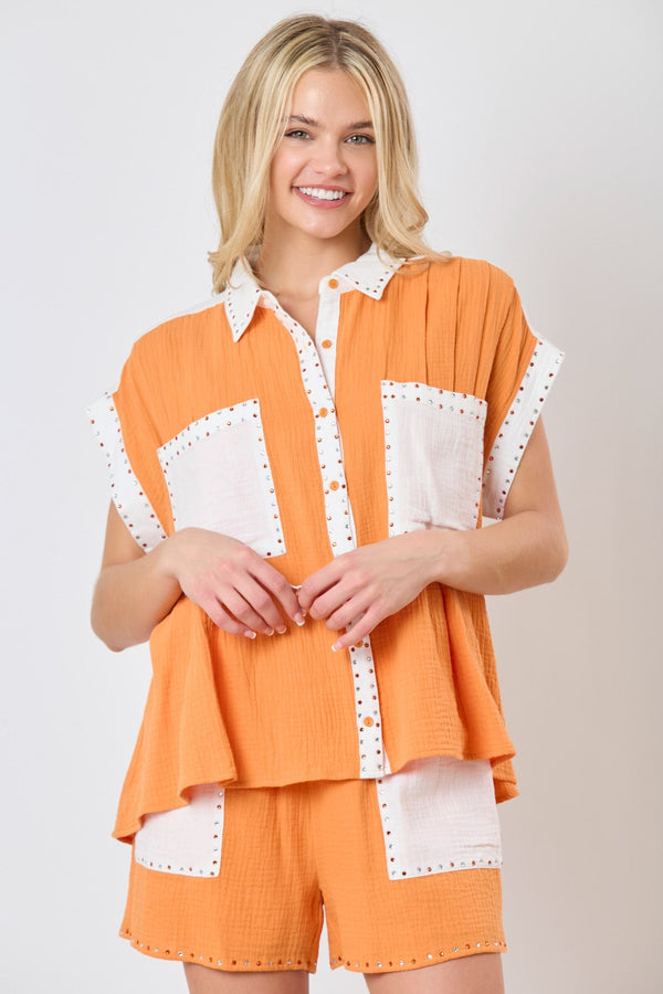 Peach Love Cotton Gauze Rhinestone Detail Color Block Dolman Sleeve Button Down