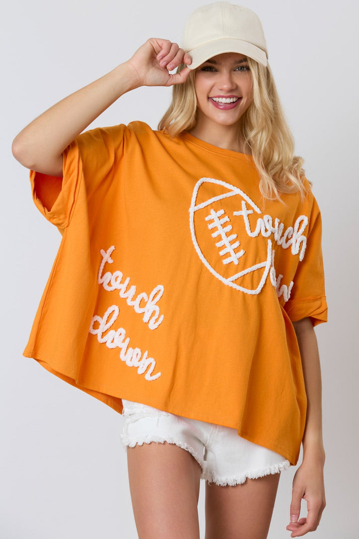 Peach Love Cotton Jersey Touchdown &amp; Football Thread Embroidered Oversized Top