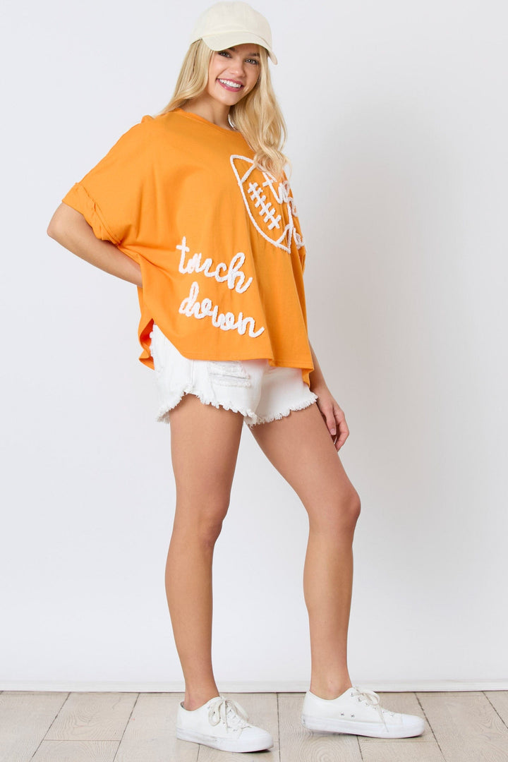 Peach Love Cotton Jersey Touchdown &amp; Football Thread Embroidered Oversized Top