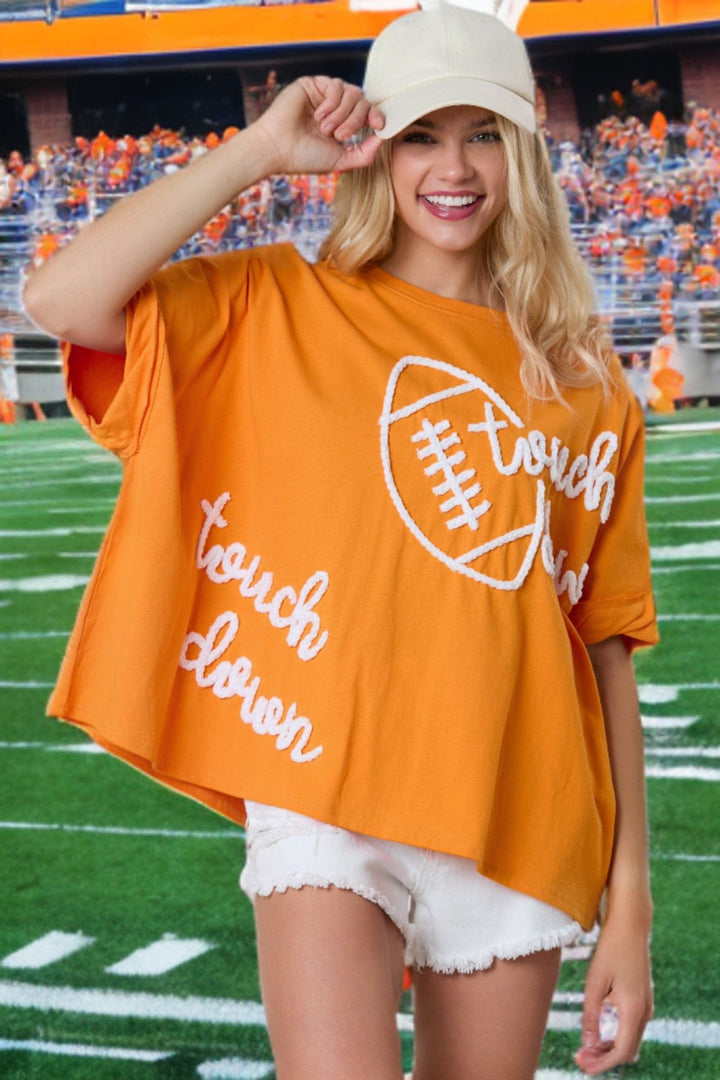 Peach Love Cotton Jersey Touchdown &amp; Football Thread Embroidered Oversized Top