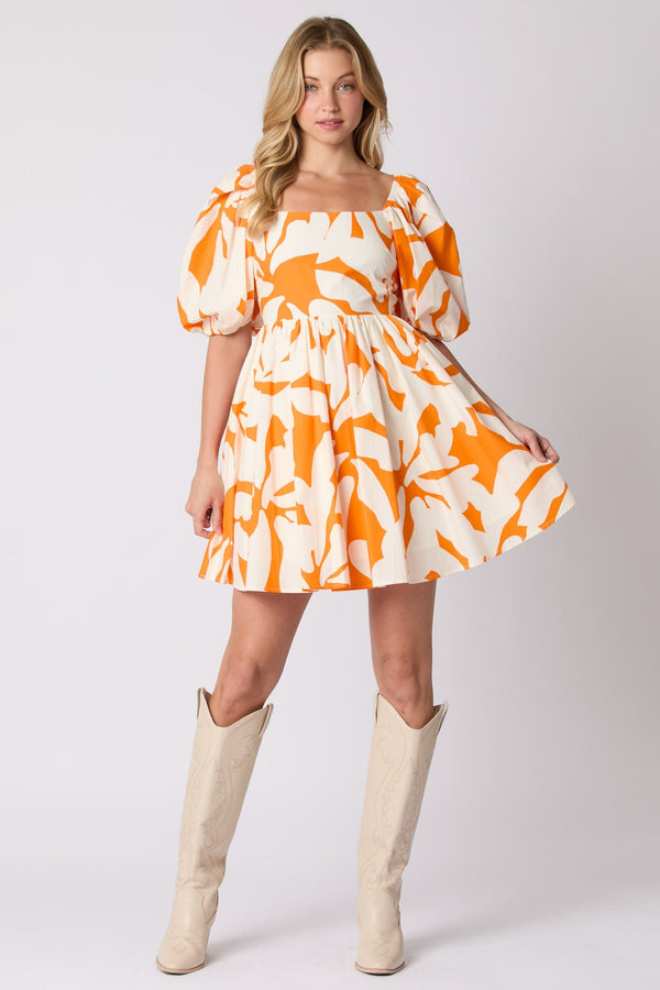 Peach Love Cotton Poplin Floral Printed Babydoll Puff Sleeve Dress