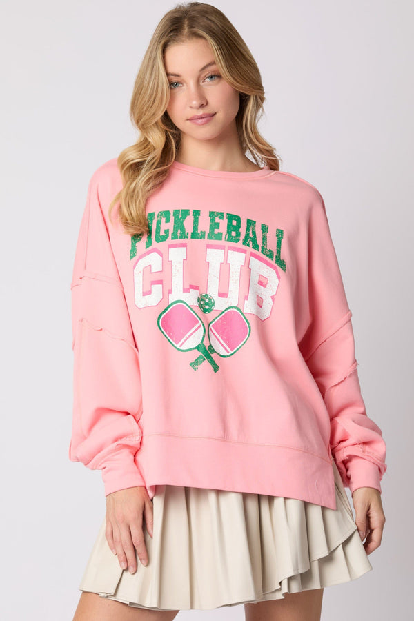 Peach Love Cotton Terry "Pickleball Club" Graphic Printed Oversized Sweatshirt