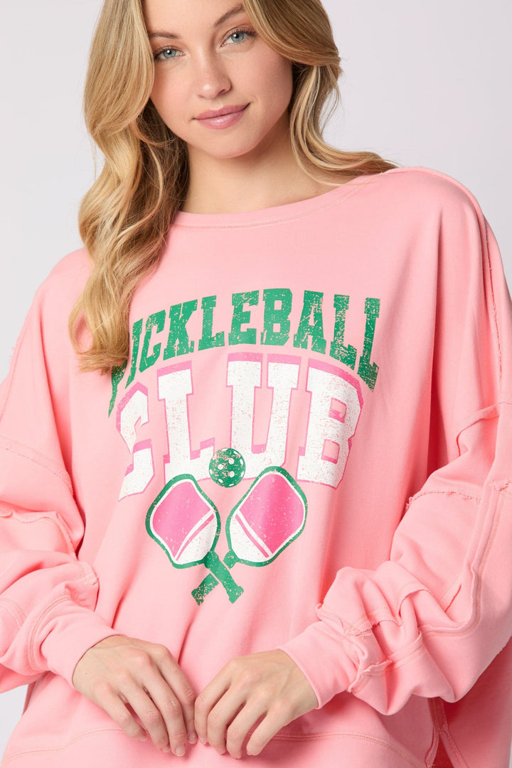 Peach Love Cotton Terry "Pickleball Club" Graphic Printed Oversized Sweatshirt