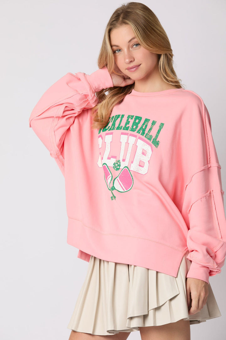 Peach Love Cotton Terry "Pickleball Club" Graphic Printed Oversized Sweatshirt