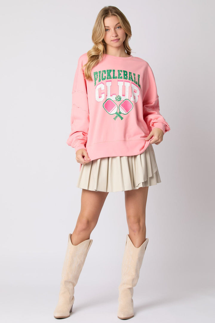 Peach Love Cotton Terry "Pickleball Club" Graphic Printed Oversized Sweatshirt