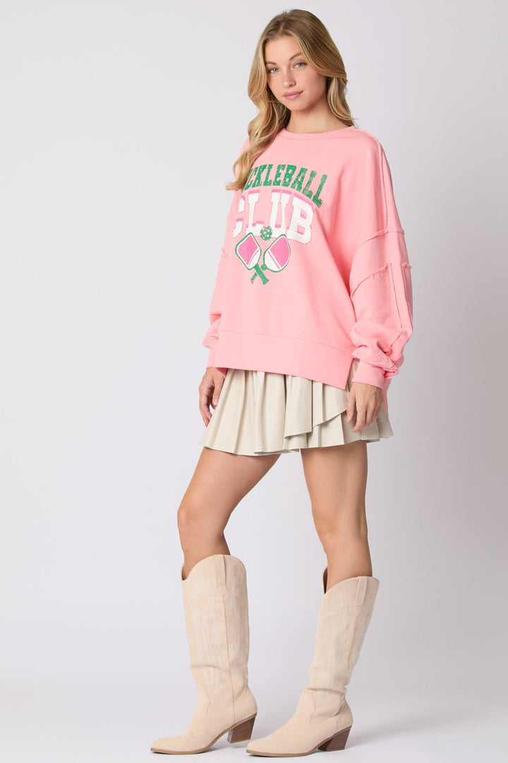 Peach Love Cotton Terry "Pickleball Club" Graphic Printed Oversized Sweatshirt