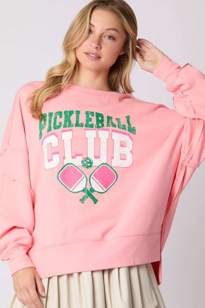 Peach Love Cotton Terry "Pickleball Club" Graphic Printed Oversized Sweatshirt