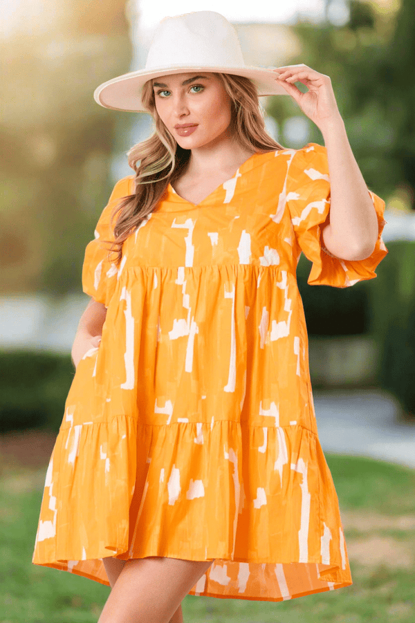 Peach Love Poplin Brushed Printed V-Neck Puff Sleeve Tiered Dress