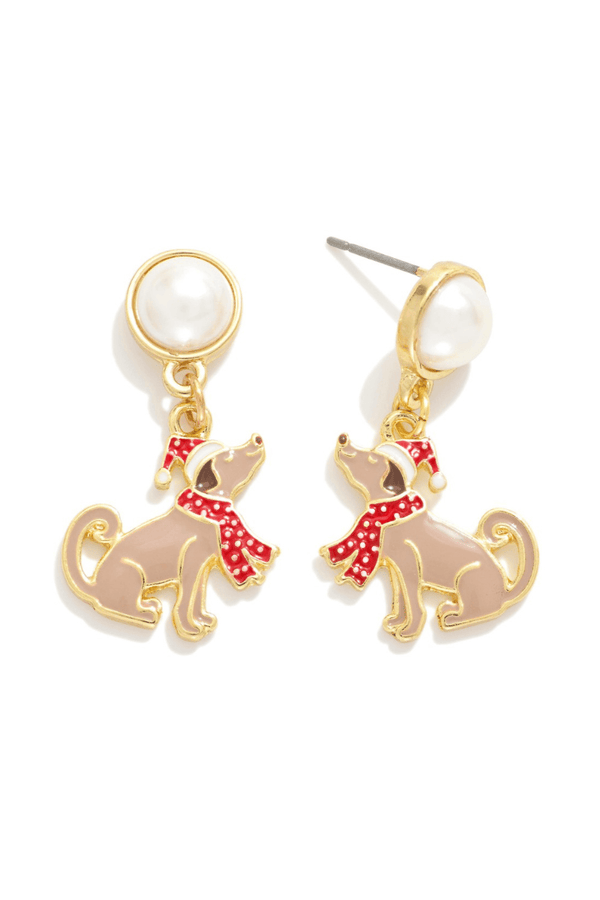 Pearl Post Enamel Christmas Hat and Scarf Puppy Dangle Earrings