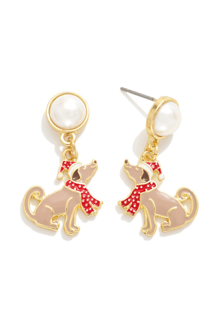 Pearl Post Enamel Christmas Hat and Scarf Puppy Dangle Earrings