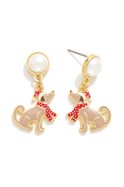 Pearl Post Enamel Christmas Hat and Scarf Puppy Dangle Earrings
