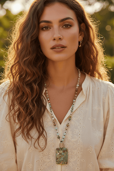Petra Mixed Stone Long Necklace with Large Pendant and Studded Accent Bead