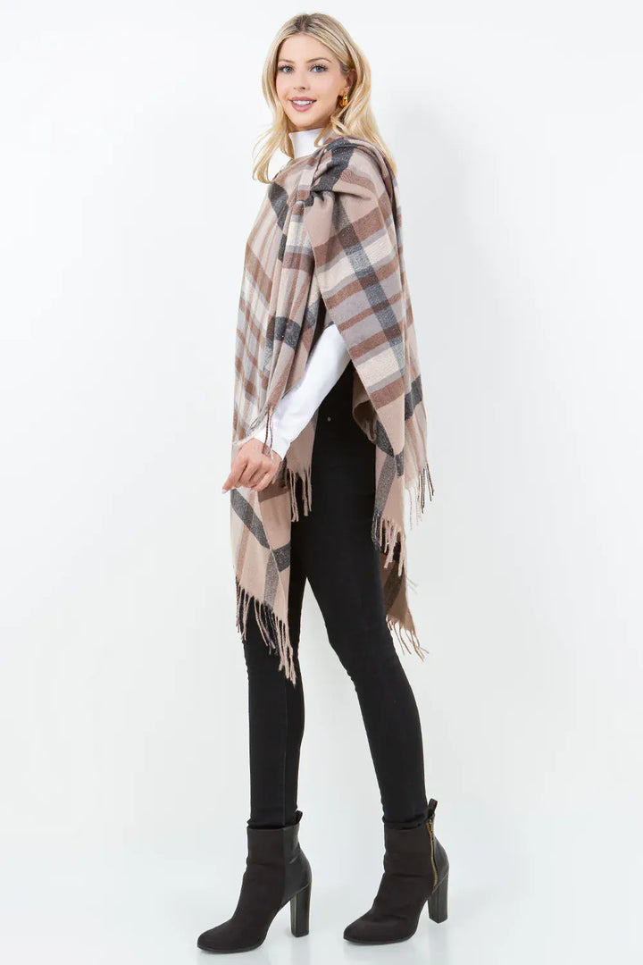 Plaid Print Open Sleeve Shawl Cardigan with Front Loop