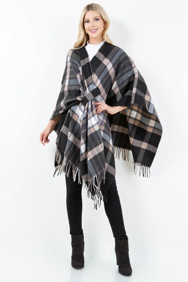 Plaid Print Open Sleeve Shawl Cardigan with Front Loop