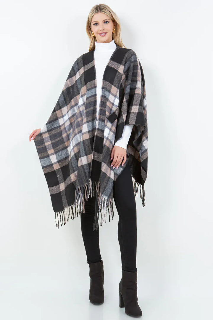 Plaid Print Open Sleeve Shawl Cardigan with Front Loop