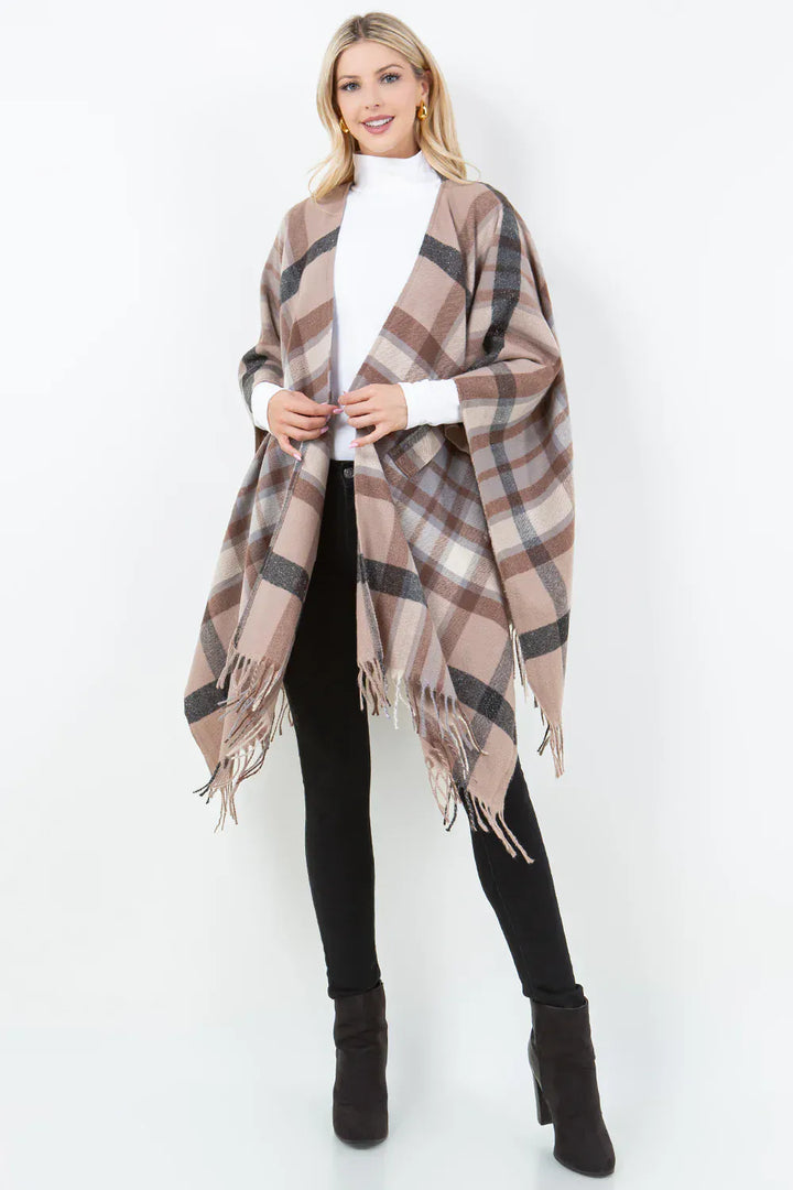 Plaid Print Open Sleeve Shawl Cardigan with Front Loop