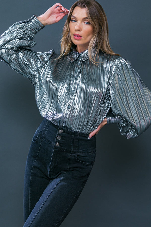 Pleated Foiled Button Down Long Sleeve Top with Collar