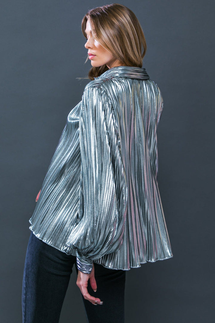 Pleated Foiled Button Down Long Sleeve Top with Collar