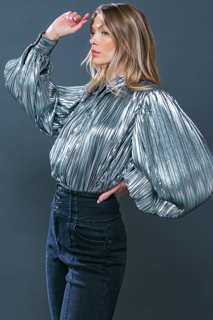 Pleated Foiled Button Down Long Sleeve Top with Collar
