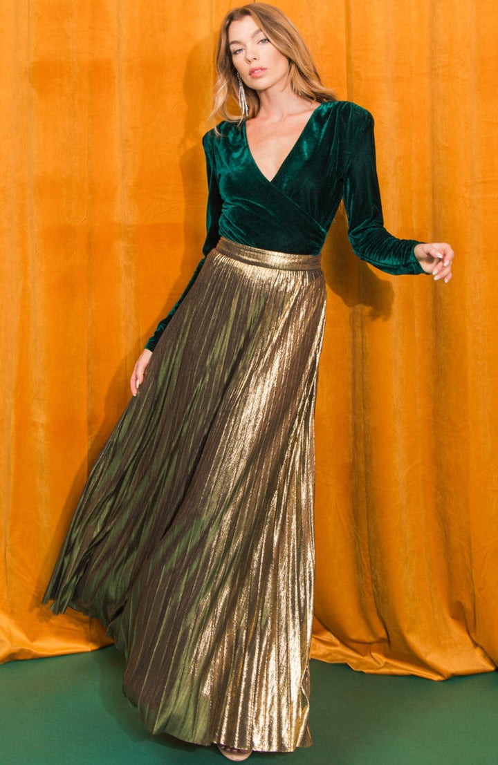 Pleated Gold Foil Long Flat Skirt