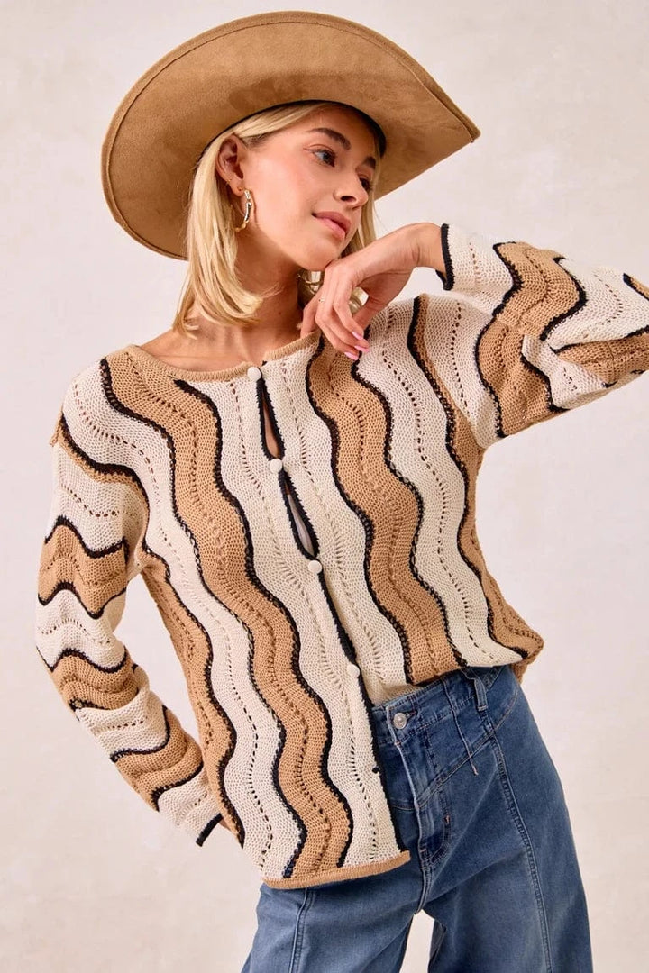Pointelle Wavy Striped Knit Sweater Cardigan