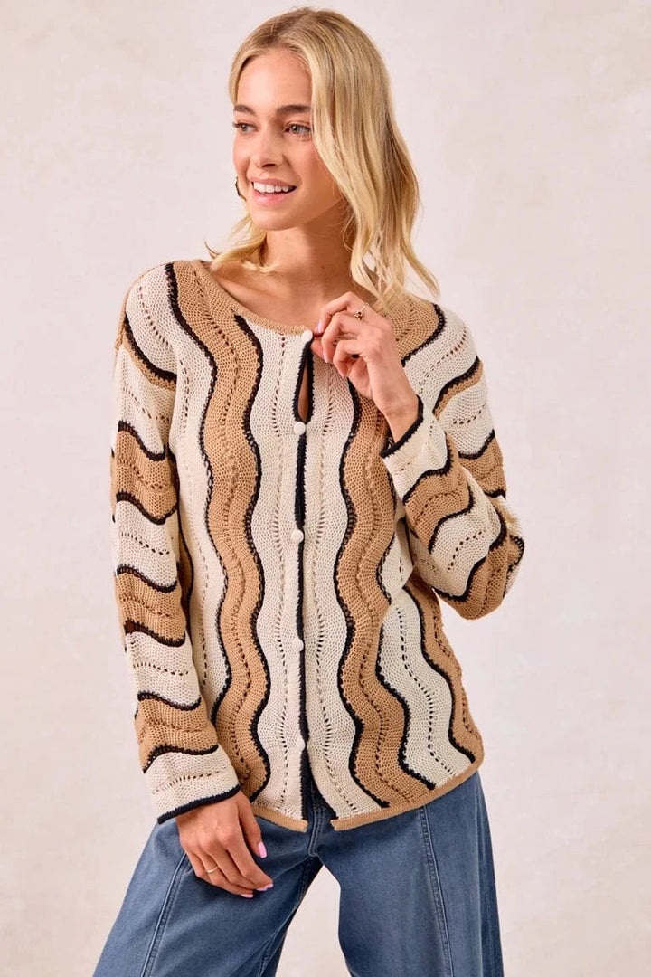 Pointelle Wavy Striped Knit Sweater Cardigan