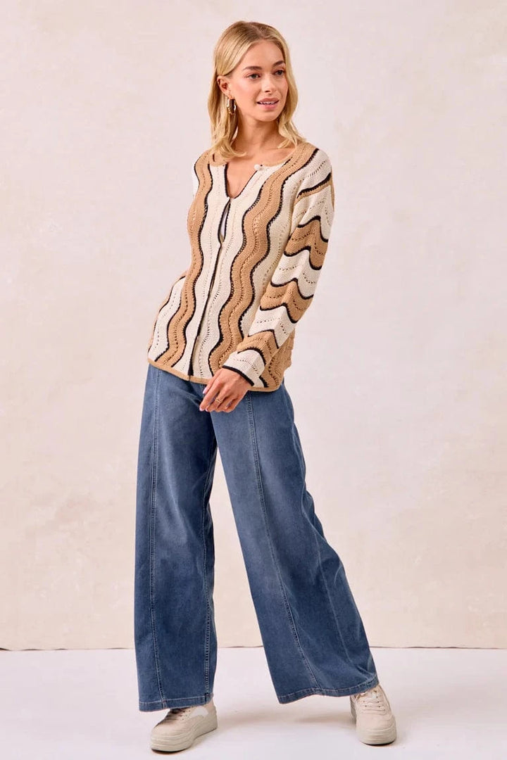 Pointelle Wavy Striped Knit Sweater Cardigan