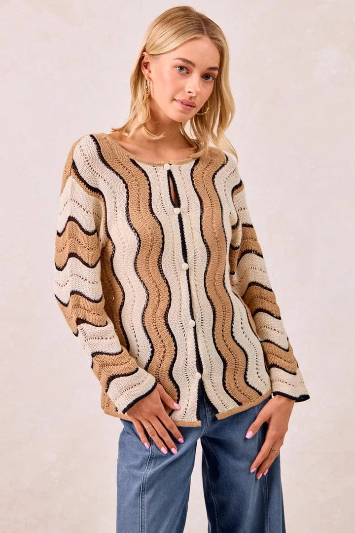 Pointelle Wavy Striped Knit Sweater Cardigan