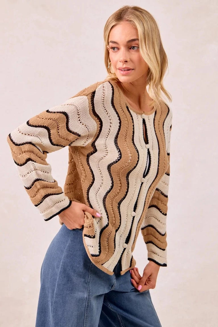 Pointelle Wavy Striped Knit Sweater Cardigan